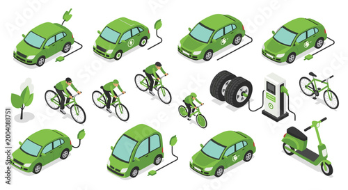 An isometric display of various green electric cars, bicycles, and scooters alongside charging stations and trees.