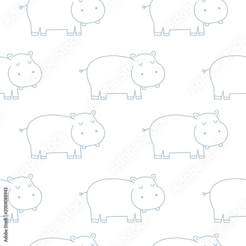 Seamless doodle pattern with happy hippopotamus characters and water splashes on white background for fabric