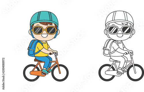 Cute cartoon boy riding a bicycle with helmet and backpack. Color and black and white outline coloring page vector illustration.