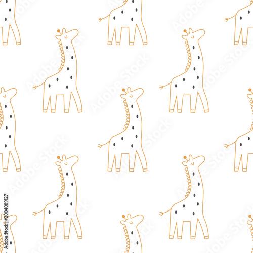 Seamless doodle pattern featuring tall giraffes with spots and rainbows on white background for nursery textile