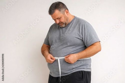 Overweight middle aged man measuring waist with tape at home, focusing on belly fat, weight loss motivation, obesity awareness and healthy lifestyle change