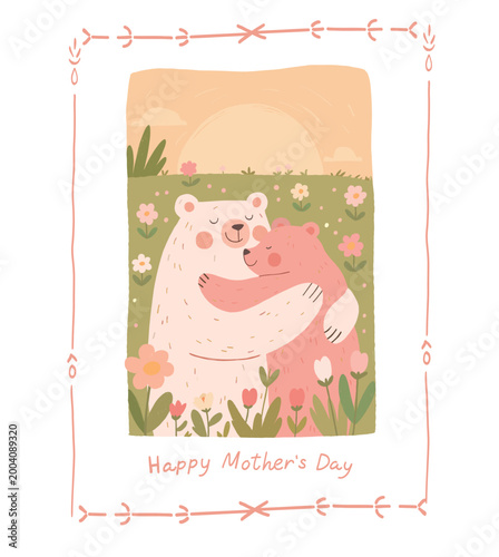 Mother's day card template with bear cub, tulips and pink decorative frame