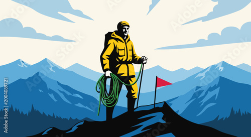 Mountain Climber in Yellow Jacket Standing on Peak with Climbing Rope