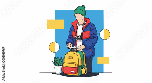 Modern Photographer with Vintage Camera and Backpack Travel Concept Illustration