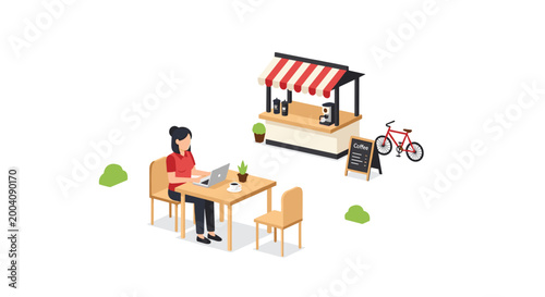 A woman works on a laptop at an outdoor table next to a striped coffee cart with a nearby bicycle in a stylized isometric graphic design setting.
