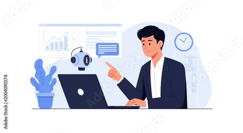 Professional businessman using a laptop to communicate with an artificial intelligence chatbot, featuring a floating robot icon, speech bubble, and background data analysis graphs.