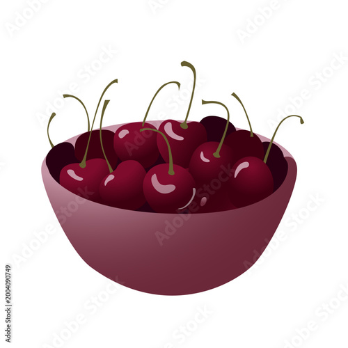 Bowl of ripe red cherries with stems flat vector illustration isolated on white background for summer fruit food packaging and menu design