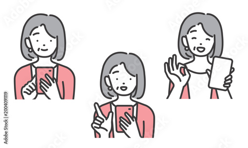 スマホを操作するシニアの女性のベクターイラスト素材