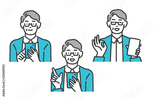 スマホを操作するシニア男性のベクターイラスト素材