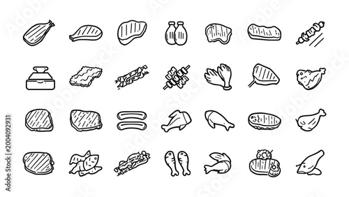 Obraz na plátně A Culinary Collection: A diverse assortment of hand-drawn icons representing various meat cuts, from steaks and roasts to poultry and skewers, presented in a clean, organized grid