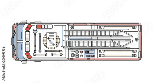 Overhead vector illustration of a detailed fire truck design with various rescue equipment components in a clean layout, set against a white background and rendered with a technical