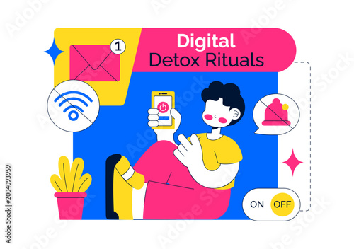 Digital Detox Rituals Vector Illustration Screen Time Reduction Mindful Habits Offline Lifestyle Smartphone Disconnection Wellness Routine Design