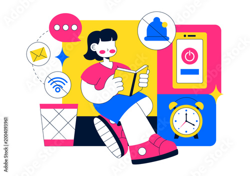 Digital Detox Rituals Vector Illustration Screen Time Reduction Mindful Habits Offline Lifestyle Smartphone Disconnection Wellness Routine Design