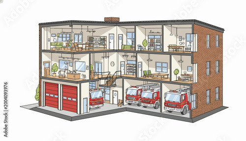 Detailed vector illustration of a fire station showing the interior with fire trucks and equipment in a cutaway view against a white background, designed with a colorful and inviting style