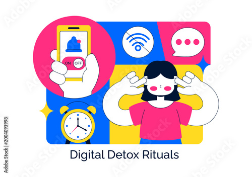 Digital Detox Rituals Vector Illustration Screen Time Reduction Mindful Habits Offline Lifestyle Smartphone Disconnection Wellness Routine Design