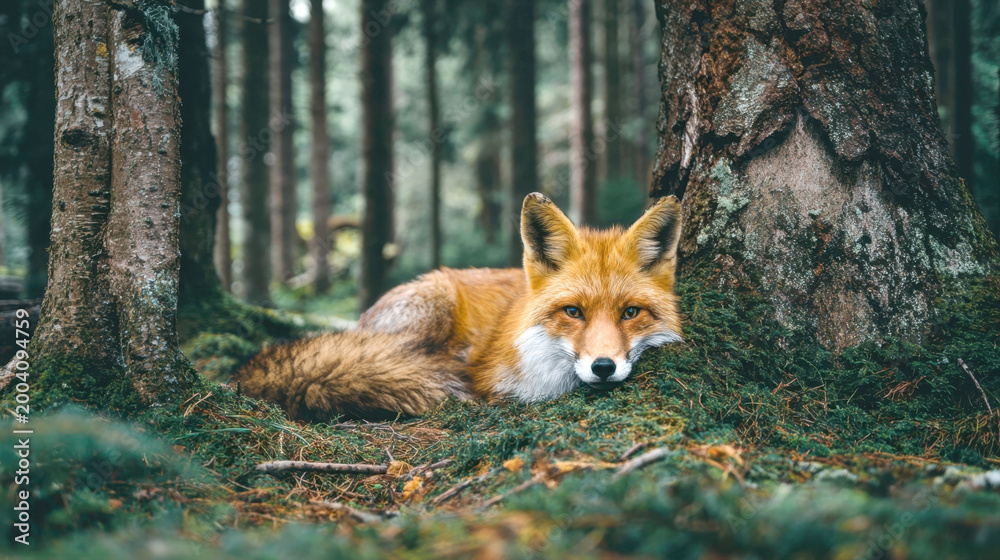 Fototapeta premium Beautiful Wild Red Fox Lying Peacefully on Soft Green Moss at the Base of a Large Pine Tree in a Moody Evergreen Forest, Stunning Wildlife Portrait of Vulpes Vulpes Resting in its Natural Habitat