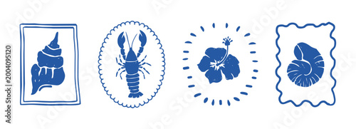 Vintage marine stamp silhouette. Linocut crab, seahorse and shrimp, seashell. Marine animals set in vintage nautical style. Underwater reef and ocean plants flora