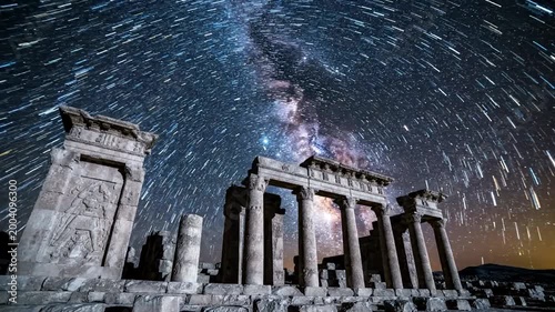 Ancient Persepolis Ruins Under a Starry Night Sky with Star Trails.