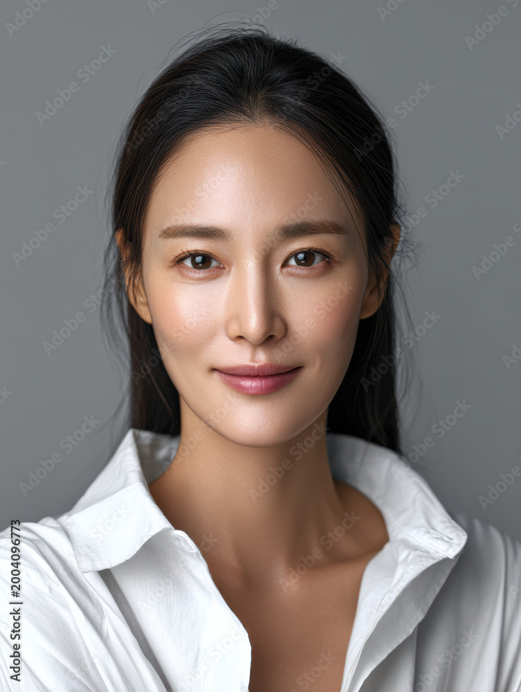 Obraz premium Beautiful Korean woman with smooth skin, long black hair, white shirt, natural makeup, confident smile, studio portrait, soft lighting
