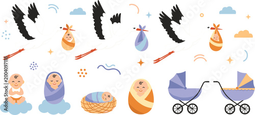 Baby Shower Cute Elements Set with Newborn, Stork, Cradle, and Nursery Icons, Adorable Cartoon Collection for Celebration Invitations and Kids Design