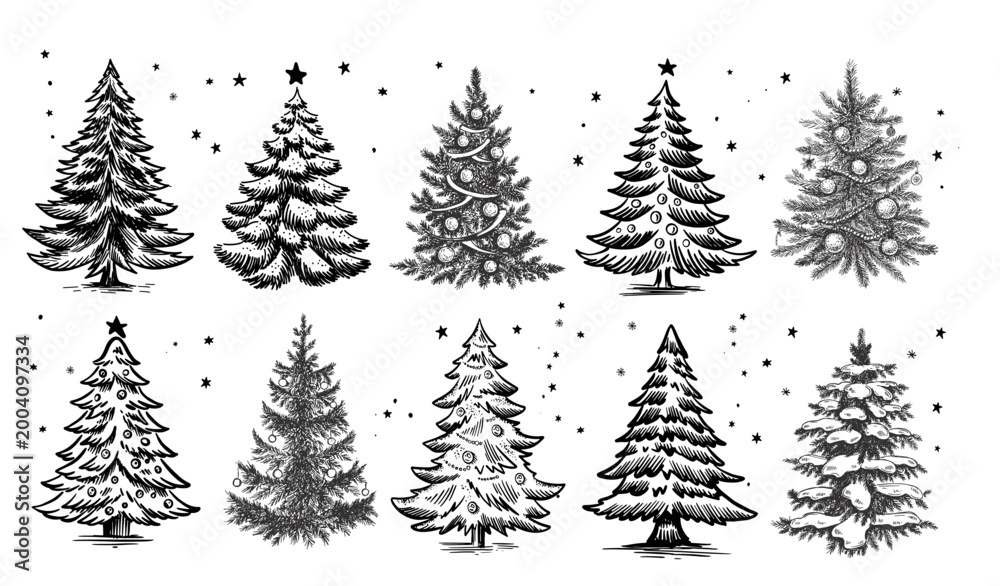 Obraz premium Christmas tree set on white. Hand drawn illustration.