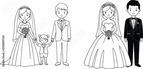 Wedding Couple and Family Line Art Set with Bride, Groom, and Child, Elegant Minimal Outline Illustration for Marriage Invitation and Celebration Design