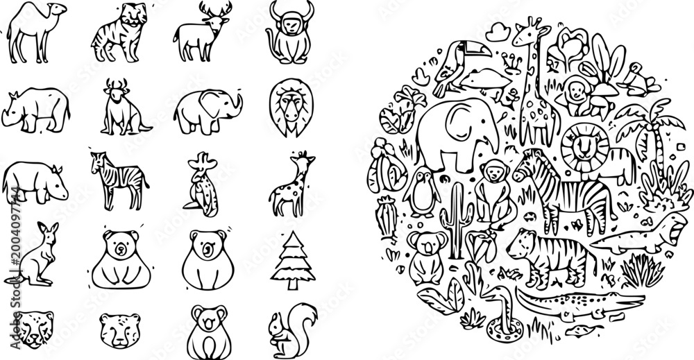 Fototapeta premium Hand drawn wild animal icons collection with decorative jungle safari scene featuring giraffe elephant zebra and tropical elements vector illustration