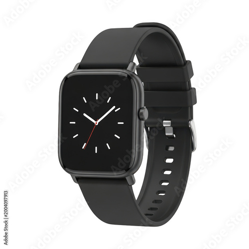 Sleek black smartwatch with a square face and black strap displayed prominently