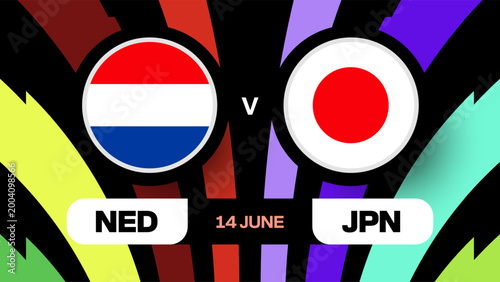 Netherlands vs Japan Football Tournament 2026 Match Announcement Template with Vibrant Dynamic Background Design