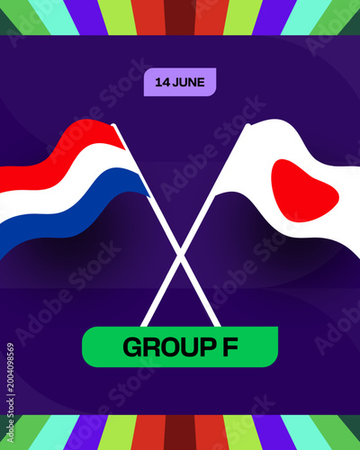 Netherlands vs Japan Football 2026 Group F Match Announcement Vector Template with Vibrant Geometric Background Design