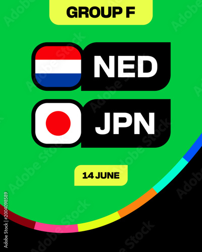 Netherlands vs Japan Football 2026 Tournament Group F Match Announcement Graphic with Dynamic Vector Design.