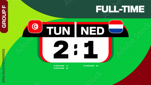 Tunisia vs Netherlands Football Match Displaying Full-Time Result for 2026 Tournament Scoreboard Presentation, Dynamic.