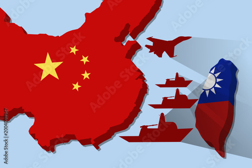 China military blockade against Taiwan. military equipment tank, fighter, warship. concept of a possible military conflict, war in Asia banner web background	