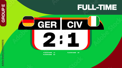Germany vs Ivory Coast Football 2026 Tournament Full-Time Scoreboard Vector Announcing Match Results for Group E.