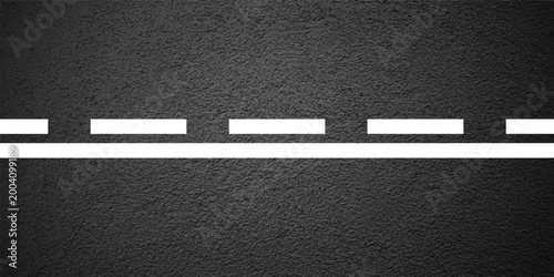 Asphalt road with white lane marking, concrete highway surface, texture. Street traffic line, road dividing strip. Pattern with grainy structure, grunge stone background. Vector illustration