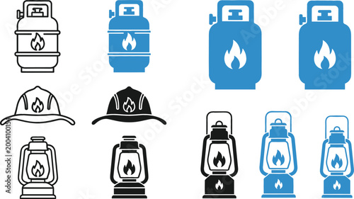 Gas cylinder and lantern icons set propane tanks safety helmet and camping lamps energy and outdoor equipment vector illustration collection