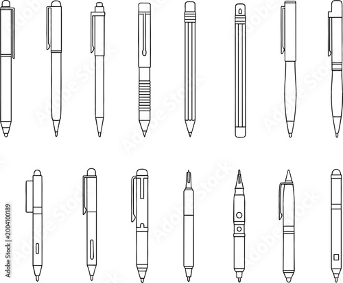 Pen and pencil outline set writing instruments collection simple line art stationery tools vector illustration isolated