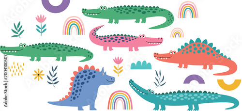 Cute crocodiles set colorful alligator characters with floral elements and rainbows playful cartoon vector illustration collection