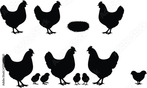 Chicken silhouettes with chicks and nest set farm poultry family black vector illustration collection isolated