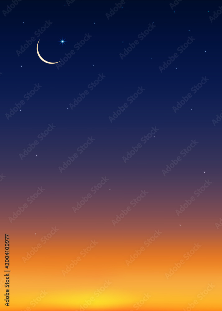 Fototapeta premium Crescent moon and starry night sky background for Ramadan Eid celebration. Blue to orange gradient atmosphere, peaceful Islamic scene,Vector illustration for banner, greeting and religious design