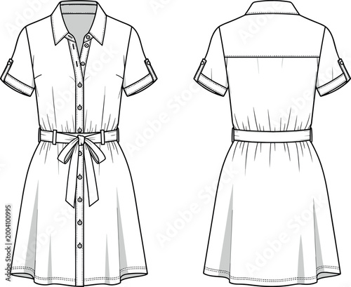 Women Short Sleeve Button Down Shirt Dress Fashion Flat Sketch Technical Drawing Vector Template With Belted Waist Front And Back View