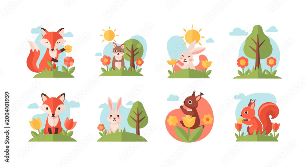 Fototapeta premium A charming illustration of a fox enjoying springtime, evoking feelings of happiness and growth. Ideal for children's content, marketing campaigns, or 