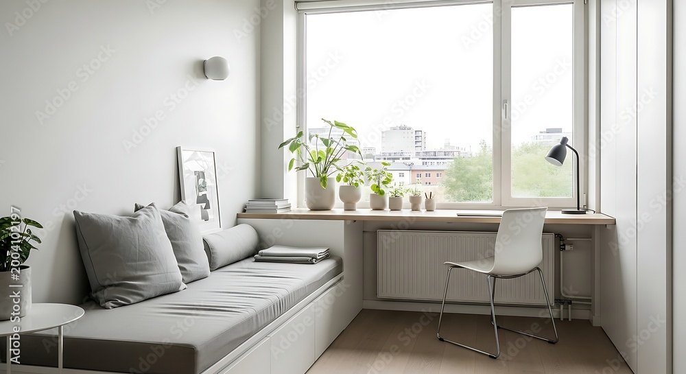 Fototapeta premium Modern minimalist home office interior with a cozy daybed, a wooden desk under a large window, and a white chair, creating a bright and functional workspace in a small apartment
