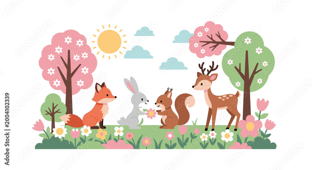 Obraz premium A cheerful, minimalist graphic of a tulip and tree conveys growth, freshness, and a positive outlook, perfect for springtime marketing or website desi