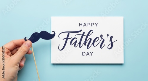 Happy father's day celebrating dad with a festive card and mustache prop
