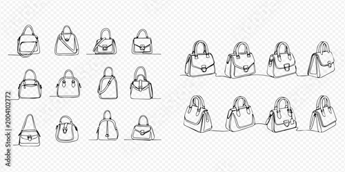 Set of hand-drawn women's handbags, fashion accessories, and purses, illustrating various styles and designs.