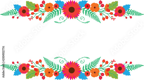 Vibrant floral borders with colorful flowers and leaves on white background