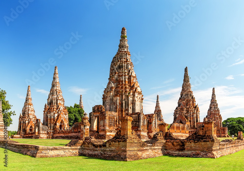 Historic Wat Chaiwatthanaram temple ruins in Ayutthaya, Thailand. Ancient Buddhist architecture and famous heritage landmark of the Ayutthaya historical park.