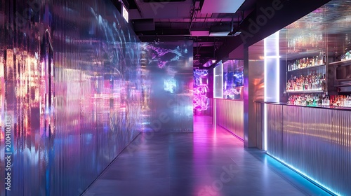 Futuristic nightclub bar interior, neon lights, counter with alcohol bottles and display