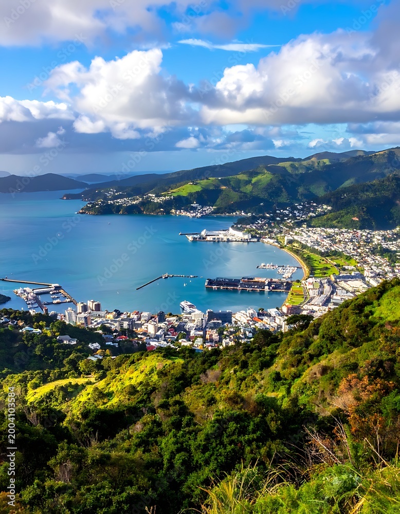 Obraz premium Aerial view of a coastal city surrounded by green hills